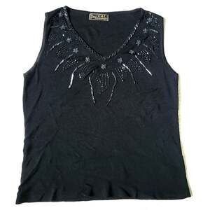 Vintage Y2K Cal Fashion Womens L* Black Beaded V Neck Ribbed Top Sleeveless